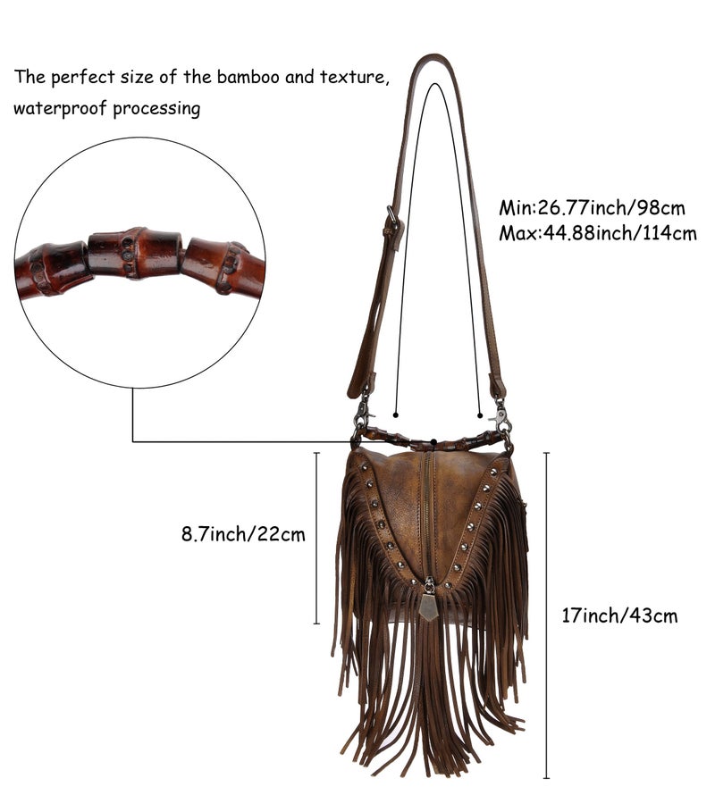 ZLYC Women's Leather Bamboo Hand Strap Featured Fringe Bohemian Tassel Studed Cross Body Bag (Brown) - Image 2